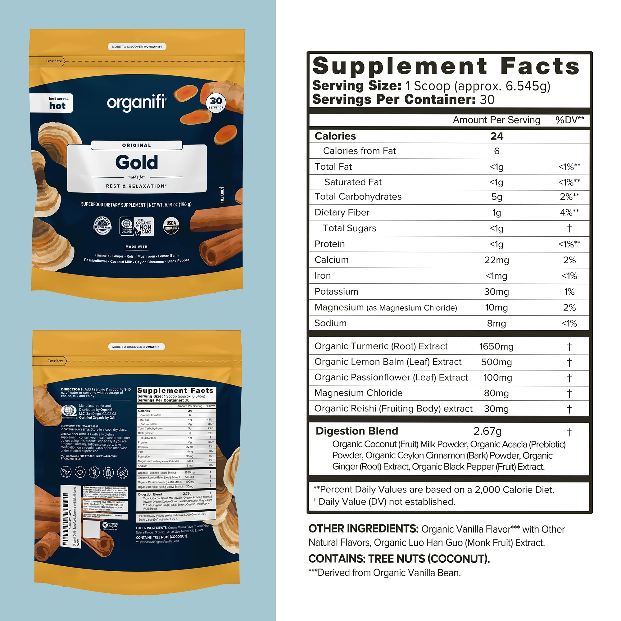 Organifi: Gold - Superfood Supplement Powder- 90 Servings (3 Pack) - Stress Support